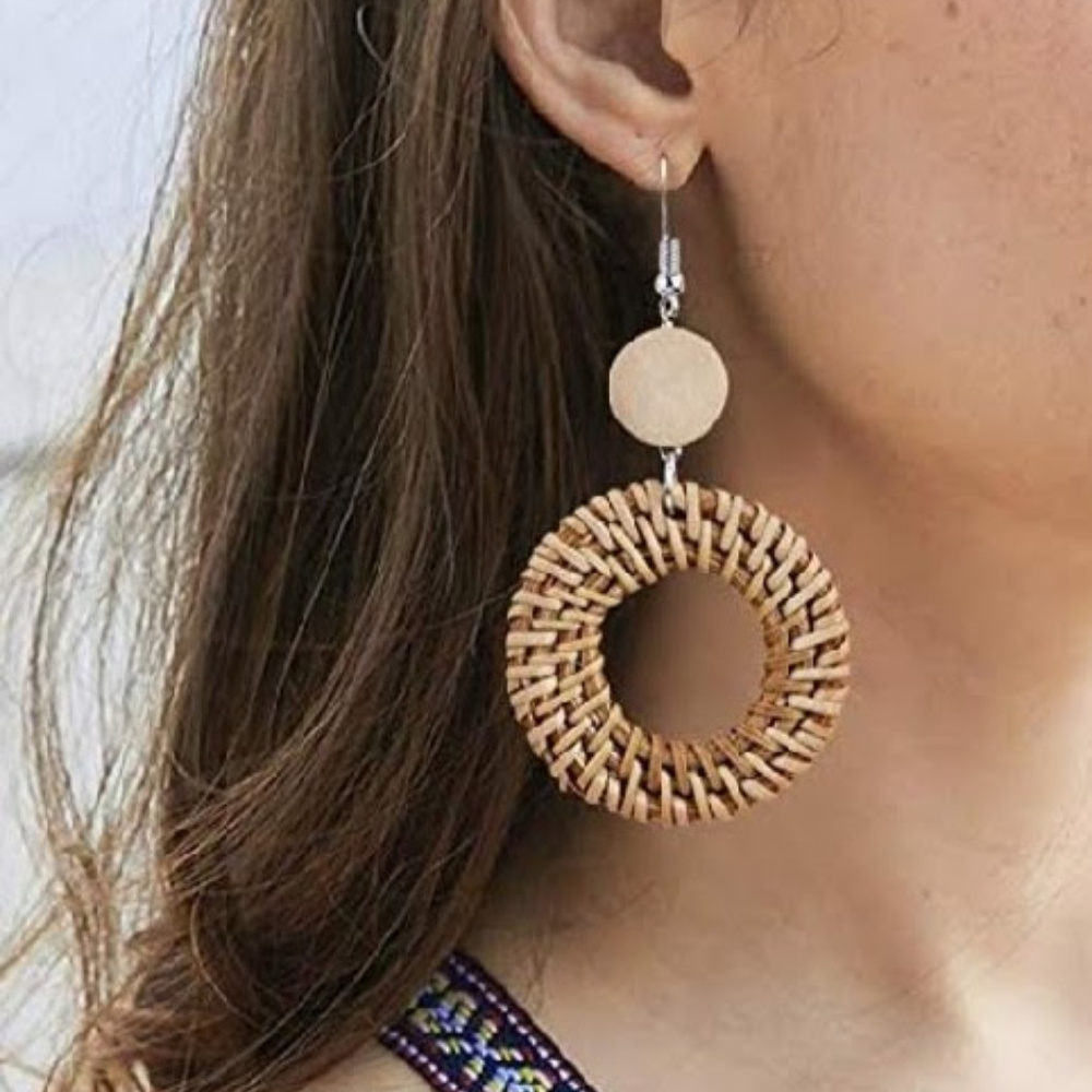 Bohemian Hand Woven Rattan Hoop Dangle Earrings